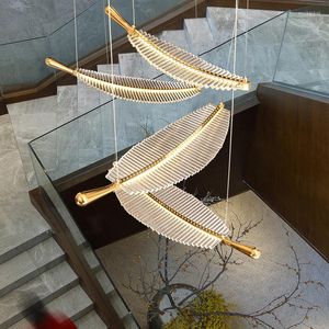 Pendant Lamps Light Luxury Crystal Leaf Feather LED Chandelier Creative Art Rotary Staircase Living Room Dining Lighting