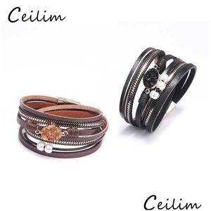 Chain Fashion Mtilayer Leather Bracelet For Women Druzy Resin Stone Bead Wrap Cuff Bangle Magnetic Clasp Handmade Wristband Drop Del Dh810