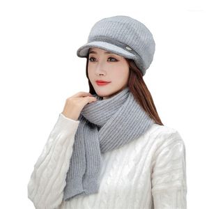 Berets Fashion Winter Warm Octagonal Hat Scarf Set Knitted Thick Cap Visor Beanies For Women Female Windproof Warmer Two Piece