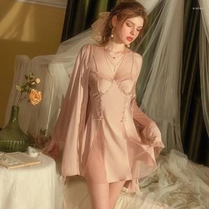 Women's Sleepwear Pearl Nightgown Nightdress Sling Dress Women Ice Silk Princess Lace Stain Fairy Night With Chest Pad Loungewear