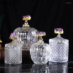 Garrafas de armazenamento de cristal natural frascos de vidro decorativos com tampa simples pote de doces chá folha tanque dispensador de grãos decorações de mesa de café