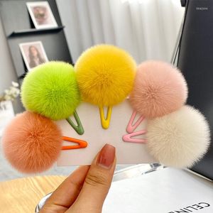 Acessórios de cabelo 1 pç meninas grampos de cabelo com pele real natural pompom bola pinça grampos de cabelo grampos de cabelo para crianças atacado