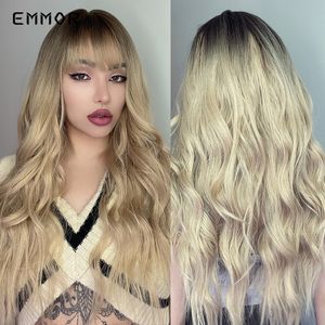 Synthetische Ombre-Perücken von Schwarz bis Blond, natürliches blondes, gewelltes Haar, Perücke für Frauen, Cosplay, Orange – tägliche Party-Perücken mit Bangsfactory