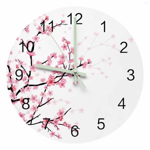 Wall Clocks Spring Pink Flower Cherry Blossom White Luminous Pointer Clock Home Ornaments Round Silent Living Room Decor