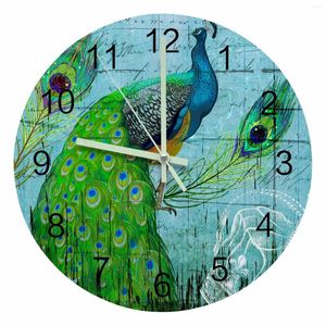 Wall Clocks Peacock Wood Grain Feather Retro Luminous Pointer Clock Home Ornaments Round Silent Living Room Office Decor