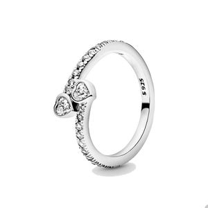 Anello con due cuori scintillanti per Pandora Autentiche fedi nuziali in argento sterling Set di gioielli di design per donne Anello con diamanti in cristallo con scatola originale