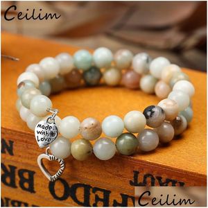 Perline New Fashion Two Row Tiger Eye Bead Bracciale Braccialetti Cuore Charm 8Mm Turchese Nero Dl White Pink Stone Men Design Drop Deliv Dh9Tg