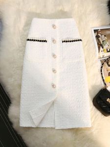 Saias Vintage Lã Preto Saia Branca Cintura Alta Moda Coreana Linha A Elegante Roupa de Escritório Feminina Midi Tweed Outono Inverno