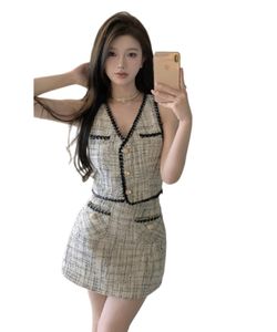 Women's summer tweed plaid vest sleeveless top and skirt twinset 2 pc dress suit SML