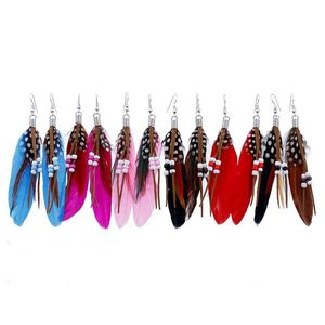 Dangle Chandelier Bohemian Sier Color Feather Earrings Beads For Women Party Catwalk Hanging Boucles Colorf Feathers Drop Delivery Dhou8