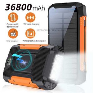 LOGO personalizado grátis 36800mAh Banco de energia solar sem fio Carregador rápido ao ar livre Powerbank Carregamento de bateria externa Smartphone luz led Cabos embutidos