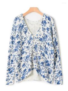 Women's Knits Women Blue Floral Print Sweater Single Breasted Ladies Wool And Mohair Blend Vintage Knit Cardigan Tops