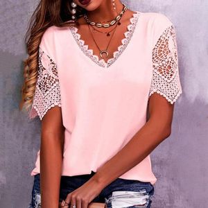 Blusas femininas camiseta da moda tops de secagem rápida rendas costura oca senhoras verão cor pura vestir