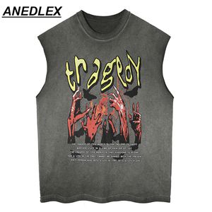 Herren Tank Tops Hip Hop Männer Gewaschene Weste Streetwear Gothic Punk Stil Brief Teufel Blutige Hände Drucken Tank Tops Lose Baumwolle Ärmellose Weste 230609