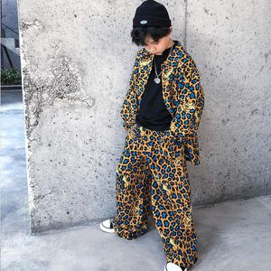 Sahne Giyim Kid Serin Hip Hop Giyim Leopar Baskı Büyük Boy Gömlek Top Geniş Bacak Street Giyim Pantolon Kızlar Erkekler Caz Dans Kostüm Giysileri