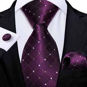Gravatas borboletas roxas, ponto xadrez, bolso quadrado, botões de punho, acessórios de casamento, negócios, gravata, presente para homens, gravata, seda, DiBanGu