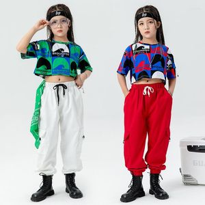 ステージウェアキッズkpopヒップホップ服レッドグリーンプリントTシャツクロップトップストリートウェアガールジャズダンスコスチューム服用