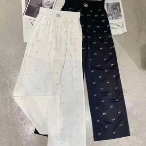 MIU PANTS مصممة للسيدات رسائل العلامة التجارية الساخنة الماس على عريض الساق سراويل النساء عالية الخصر فضفاضة غير رسمية بانت مستقيمة الساق