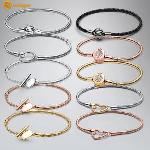Authentic Snake Chain fit pandora bracelet designer for women European Crown O Heart T-Bar Heart Closure