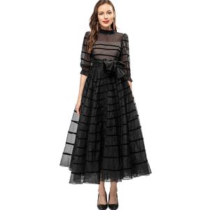 Vestidos femininos de passarela gola babado manga 3/4 em camadas com laço para cima laço moda elegante vestido de baile de formatura