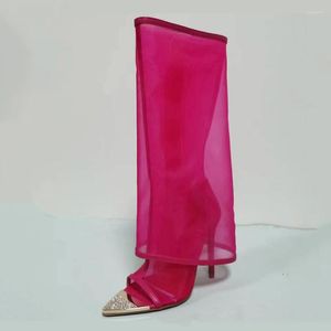Сандалии розовые рыбки колена высокие ботинки жены сетки каблуки Stiletto Diamonds Летни
