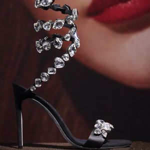 Çok renkli elmas sandaletler Rene Caovilla lüks tasarımcı Büyük kristal elmas taklidi Snakelike Feet Nude Winding ince topuk bayan ayakkabıları yüksek topuklu sandalet