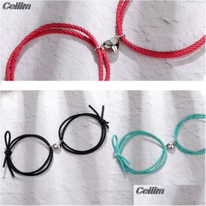 CHARM BRACELETS 2 PCS Manyetik Paslanmaz Çelik Kalp Kolye Çift Bileklik Sevgililer İçin Arkadaş Erkek Kadınlar Kadın Örgü Halat 2021 Damla Teslimat Dhyoop