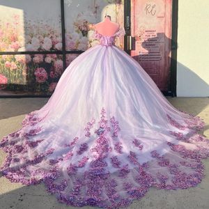 Lila quinceanera klänningar boll klänning kristall blommor pärlor applikationer formell parti prom klänning vestido de 15 anos