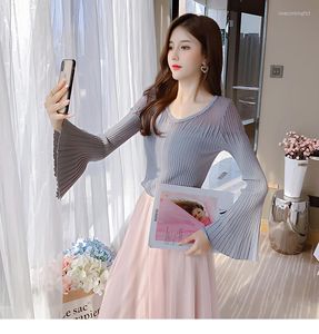 Women's Sweaters Elegant Fashion Simple Lady's Design V Neck Flare Long Sleeve Slim Women's Top ONE SIZE