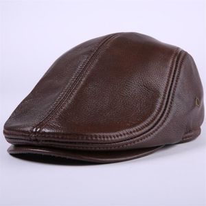 Cowhide本物の革のニュースボーイキャップ中年と老人ビンテージフラットキャップ耳保護beret hat331d