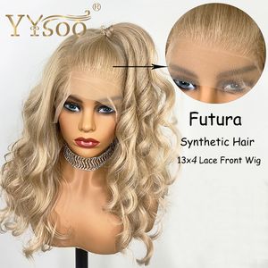 Fryzury Yysoo 13x4 syntetyczna koronkowa przednia blondynka dla kobiet na wpół ręcznie związana Futura odporna na ciepło wymianę włókien Curly 150 230609