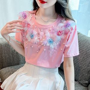 女性用TシャツショートスリーブコットンTシャツレディースサマーティー2023 3次元の花ルーズ美しいTシャツシックビーズトップス