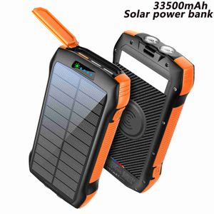 Gratis anpassad logotyp trådlös snabb laddare Solar Power Bank Outdoor Small Portable Battery Mobiltelefon Hemanvändning Universal Camping Lamp Light 33500ma