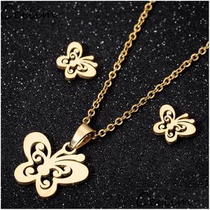 Ohrringe Halskette Gold Edelstahl Schmetterling Schmuck Set Niedlich Für Frauen Freund Geschenk Drop Lieferung Sets Dhizv