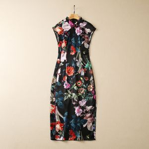 2023 Summer Black Floral Print Cheongsam Dress Sleeveless Stand Collar Buttons Midi Casual Dresses S3L070601