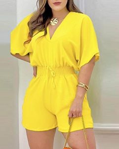 Women's Jumpsuits Rompers Jumpsuit Women Summer Fashion Batwing Sleeve Shirred Waist Casual Plain V-Neck Short Sleeve Above Knee Romper Streetwear 230609