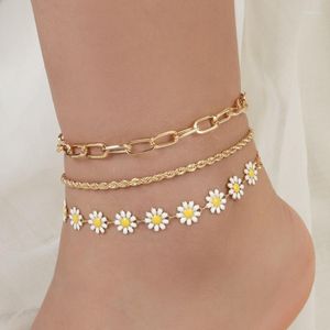 Tornozeleiras Bohemian Chunky Chain Flor Margarida Tornozeleira Pulseira Para Mulheres Moda Descalço Na Perna Pé Praia Jóias Presentes