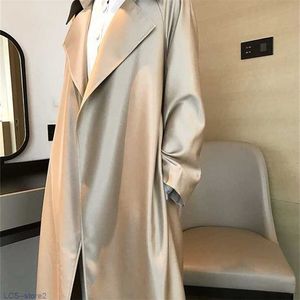 DEAT Woman Trench Coat Champagne Solid Silkly Long Sleeve With Sashes Lose Minimalist High Street Spring Fashion AP161 220114
