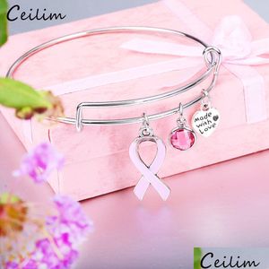 Bangle New Pink Ribbon Breast Cancer Awareness Survivor Charm Armband Expanderbar Wire Courage Hope Present för kvinnor grossist drop de dhwzr