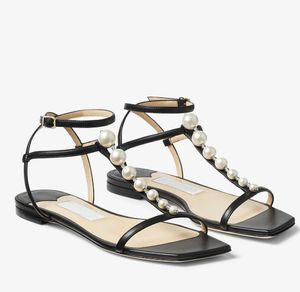 Роскошь 2023 бренд Amari Sandals Shoes Women Flat Black White Nappa Leather с жемчужинами Lady Party Wedding Отличная прогулка EU35-43