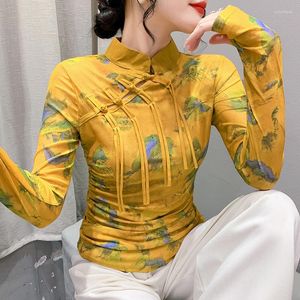 女性用Tシャツマンダリンカラー印刷メッシュ女性長いフックスリーブフォールドTシャツ伸縮性ヴィンテージチャイニーズスタイルのティートップス