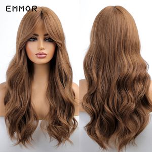 Synthetic Long Wavy Wigs with Bangs Cosplay Natural Ombre Brown to Dark Blonde Hair for Women High Temperature Fiber Wigfactory