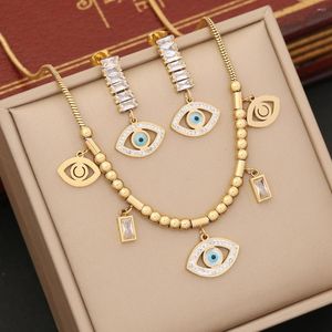 Pendant Necklaces 316L Stainless Steel Beaded Lake Blue Eye Necklace For Women Zircon Collar Chain Girls Fashion Jewelry Set Gift