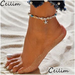 Łańcuch ręcznie robiony wisiorek skorupy koraliki kostki rozgwiazdy dla kobiet zabytkowe kolor sierski sandałowy stóp bransoletki stopa boho upuść del dha8c