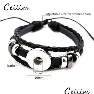 Chain Fashion Mtilayer Black Leather Bracelet Fit 5Mm Metal Button Adjustable Knot Beads Diy Casual Snap Jewelry Gifts Drop Delivery Dhyug
