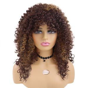 Perucas Sintéticas Afro Encaracoladas para Mulheres Negras Curto Mix Castanho Peruca Cor Penteado com Franja Alta Temperatura Diário Wigfactory