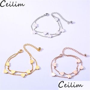 Kette Neues einfaches Design Edelstahl Charm Armband 2 Schichten Roségold Link Mini Herzen Liebhaber Mode Sweety Stil für Drop Deliv Dhxzb