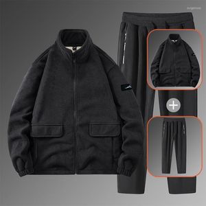 Men's Tracksuits Autumn Winter Polar Fleece Overcoat Top Pants Suit Men's Plush Thickened Cold-proof Warm Lamb Windproof Set Men Clothes