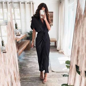 Womens Silk V Neck Elegant Long Dress Short Sleeve Satin Dresses For Women 2021 Summer Party Wrinkle Summer Office Maxi