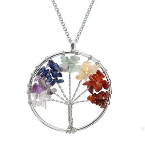 Pendant Necklaces Tree Of Life Quartz Necklace Rainbow 7 Chakra Mticolor Natural Stone Wisdom Leather Chain For Girls Drop Delivery Dh3Kb